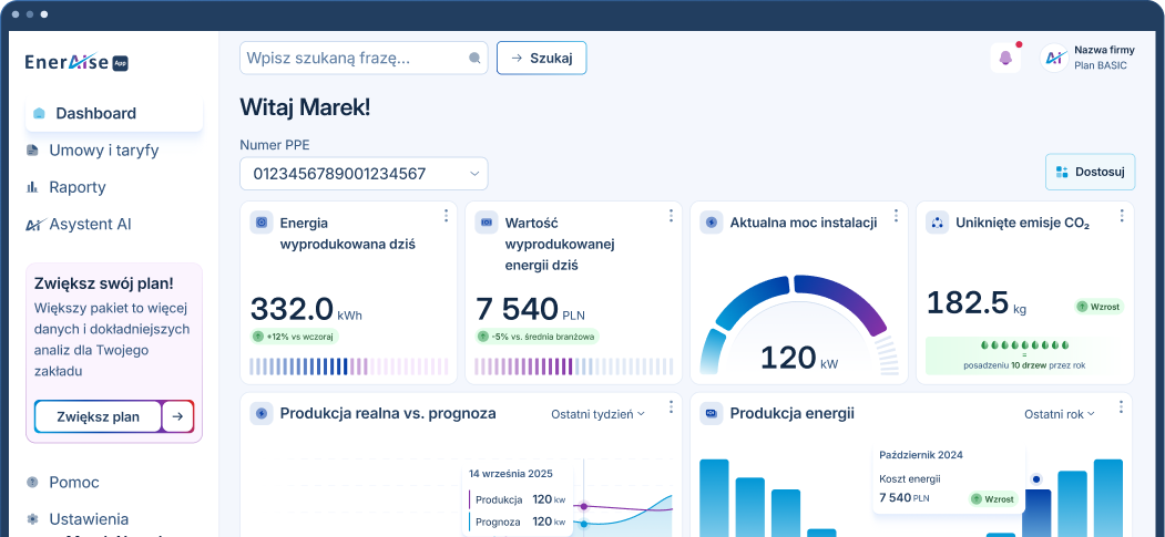 Podgląd aplikacji EnerAise - dashboard zużycia energii